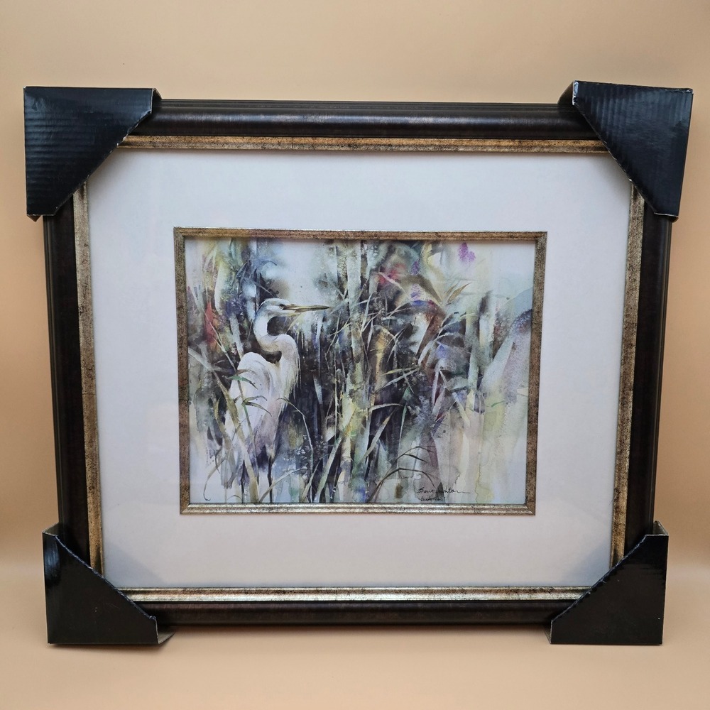Vintage Cabin Decor Silent Vigil Framed Heron Watercolor Print Nature‎ Art 16x14